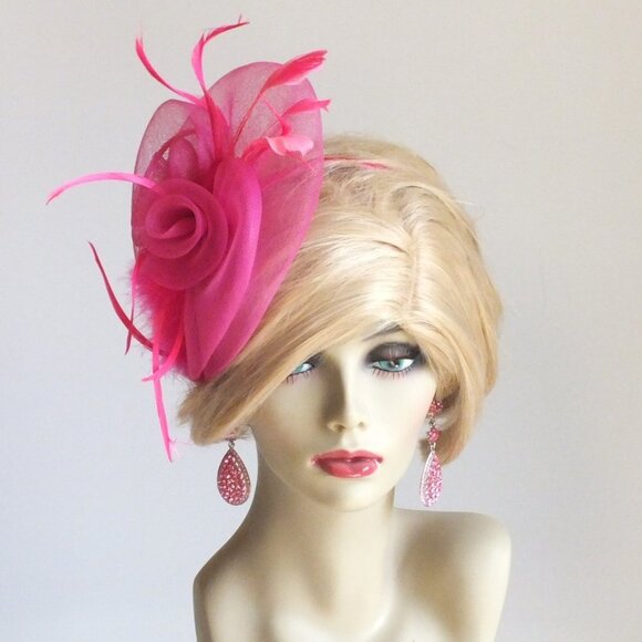 Pink Headband Fascinator with Pink Feathers and Pink Rosettes - Picture 3 of 14